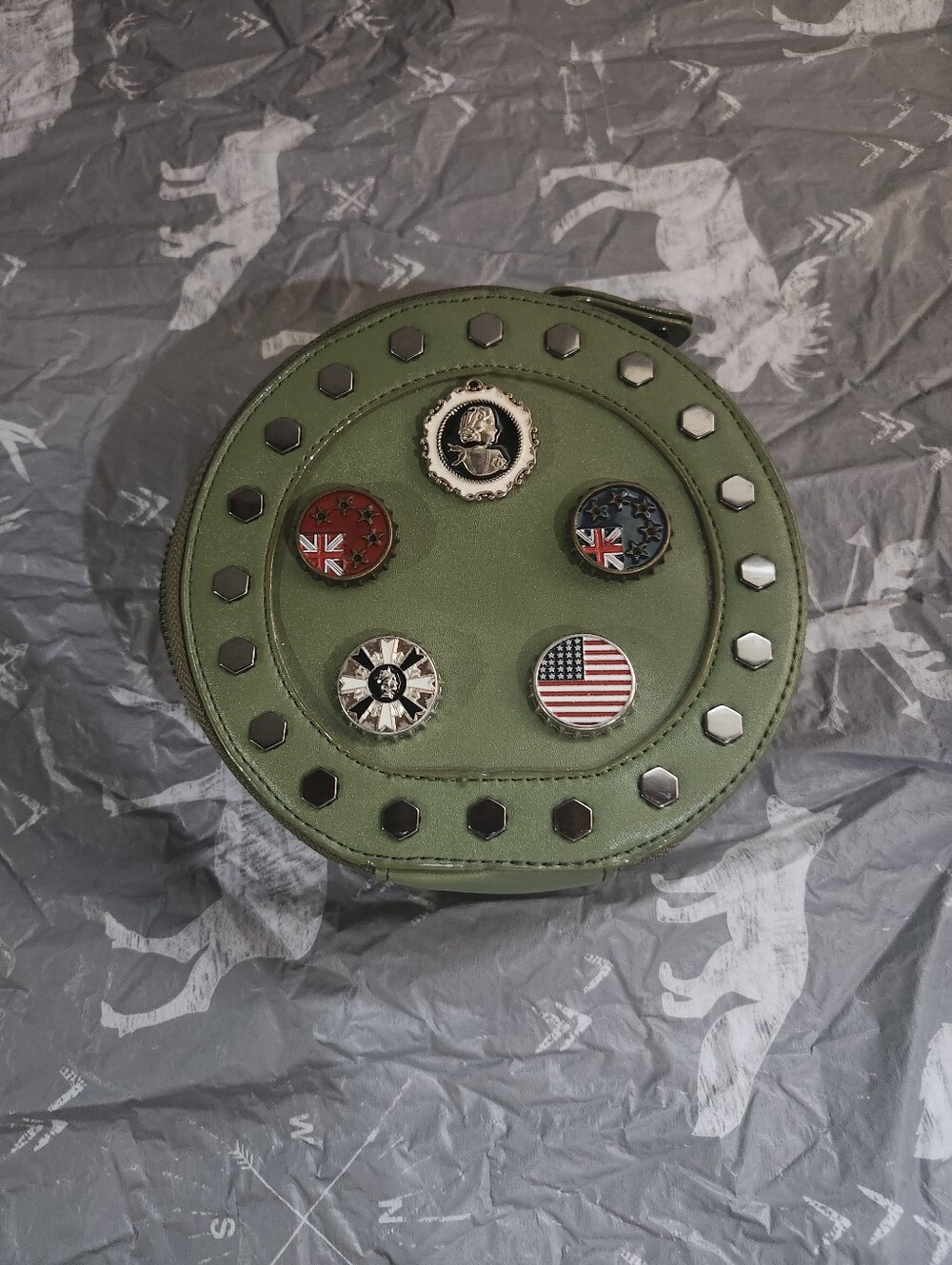 Round Olive Green Studded Crossbody with Badge Accents - Picture 3 of 4